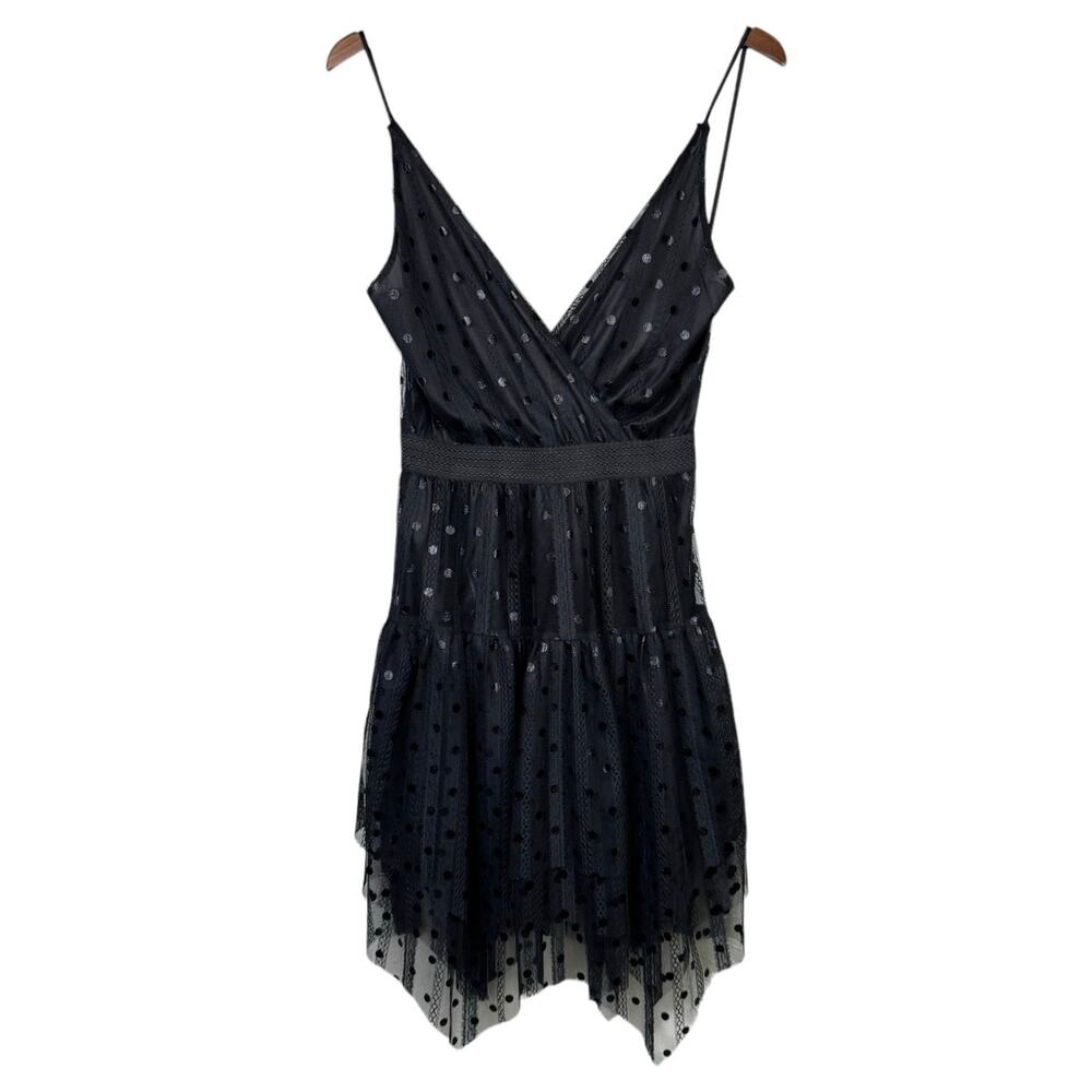 Silvian Heach Black Lace Mesh Polka Dot Sleeveless V-neck Mini Party Dress
